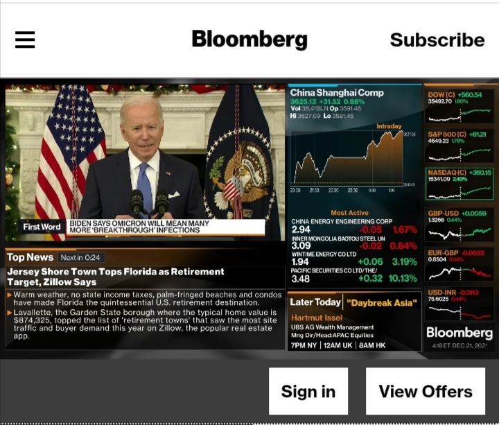 Quelle: Screenprint Der Übertragung einer Rede des US-Präsidenten vom 21.12.2021, ohnw Abo zugänglich bei Bloomberg.com